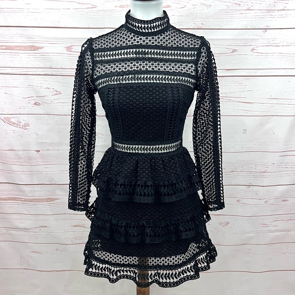 Self Portrait Black Guipure Lace Dot Mock Neck Long Sleeve Tiered Mini Dress